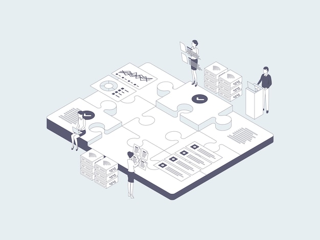 Negocio trabajo en equipo ilustración isométrica gris lineal. Adecuado para aplicaciones móviles, sitios web, banners, diagramas, infografías y otros activos gráficos.