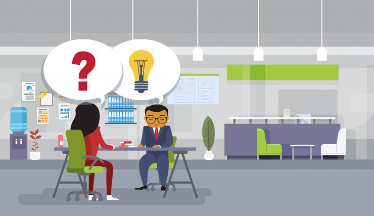 Vector negocios asiáticos, intercambio de ideas, sentado en el escritorio de la oficina, nueva idea, reunión de discusión
