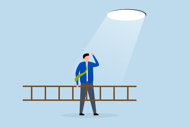 Negocios esperanza de resolver el problema de la crisis hombre de negocios con una escalera mirando a la luz de la esperanza planes para escalar y escapar a través del agujero