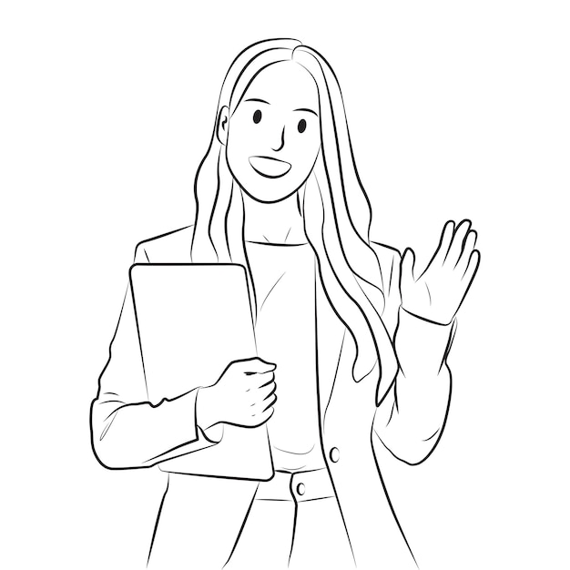 negocios finanzas empleo mujer decir hola pose línea dibujos animados ilustración