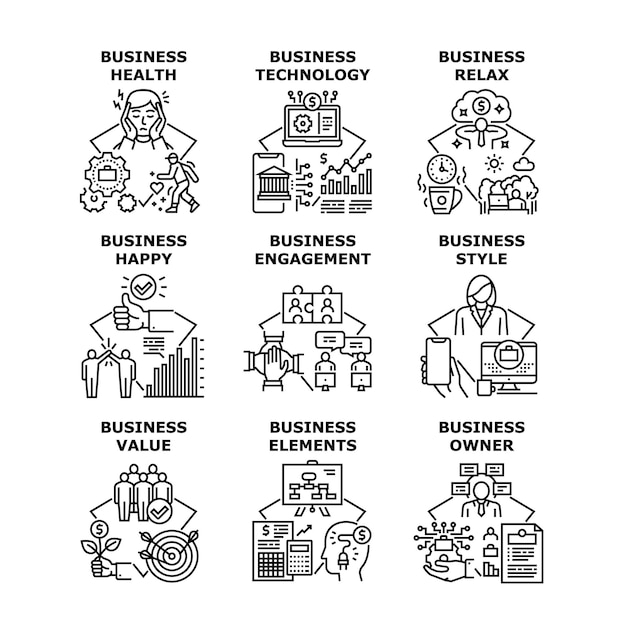 Negocios Tecnología Establecer Iconos Ilustraciones Vectoriales