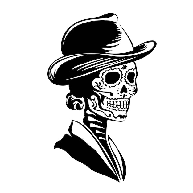 Negro y blanco dibujado a mano la Calavera Catrina con un sombrero de borde ancho arte de cráneo femenino mexicano