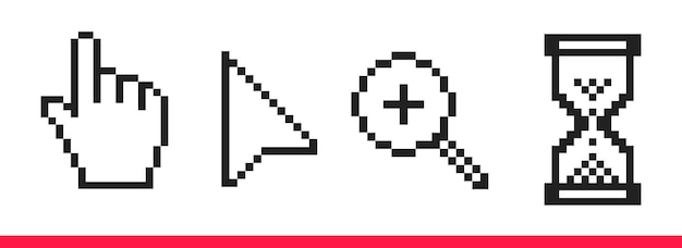 Negro y blanco píxel flecha mano lupa y reloj de arena píxel mouse cursor iconos vector