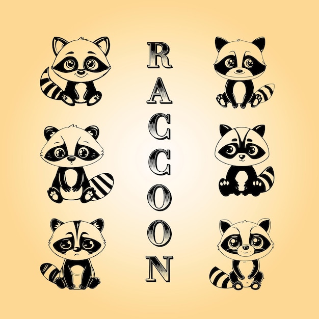 Negro y blanco Raccoon dibujos animados Vector Ilustración Bundle