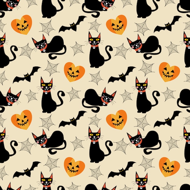 Negro gato y símbolos de Halloween de patrones sin fisuras.