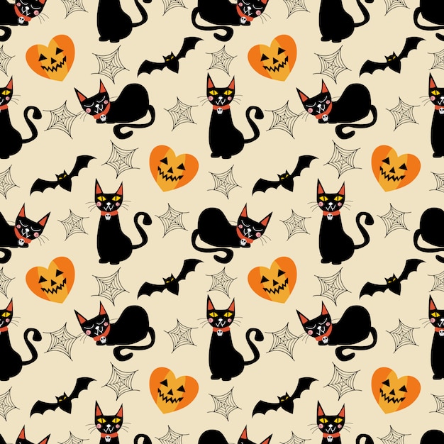 Negro gato y símbolos de Halloween de patrones sin fisuras.