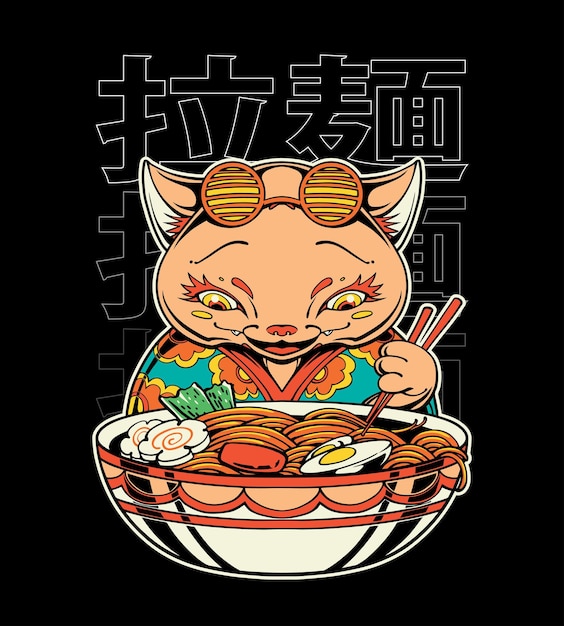 neko comiendo ramen arte vectorial