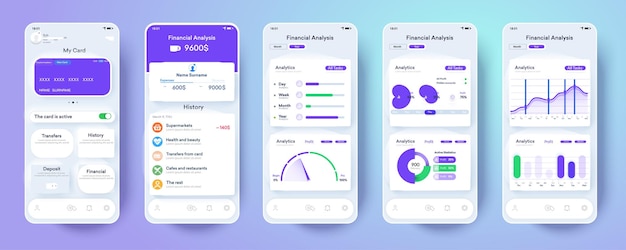 Neomorfismo diseño de la interfaz de la aplicación bancaria en la pantalla del teléfono inteligente Diseño conceptual de la aplicación de banca en línea UI UX GUI conjunto con billetera Diagramas de interfaz de aplicación limpia y simple Ilustración vectorial