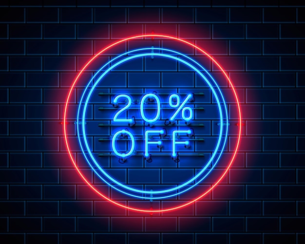 Neon 20 off banner de texto. Signo de noche. Ilustración vectorial