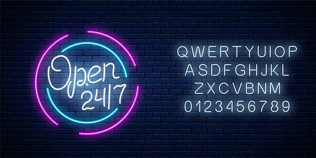 Neón abierto las 24 horas los 7 días de firmar en forma de círculo con el alfabeto. barra de trabajo las 24 horas o letrero de la tienda