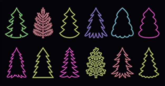 Neón árbol de navidad vacaciones banner signo plano conjunto Invierno anuncio discoteca sitio regalo interfaz web cartel Brillante año nuevo forma simple pegatina brillante elegante contorno decorar línea aislada
