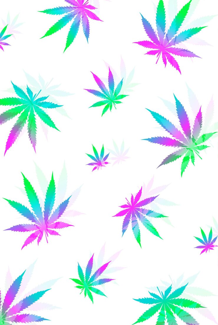 Vector neón brillante y patrón vectorial blanco con hojas de cannabis, estampado de marihuana para fumadores de marihuana