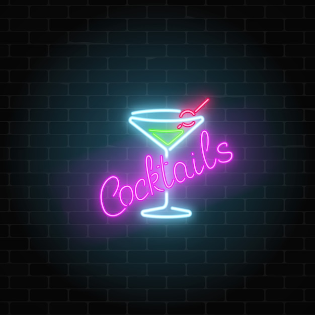 Neon cocktails bar o cafe firmar sobre fondo de pared de ladrillo oscuro