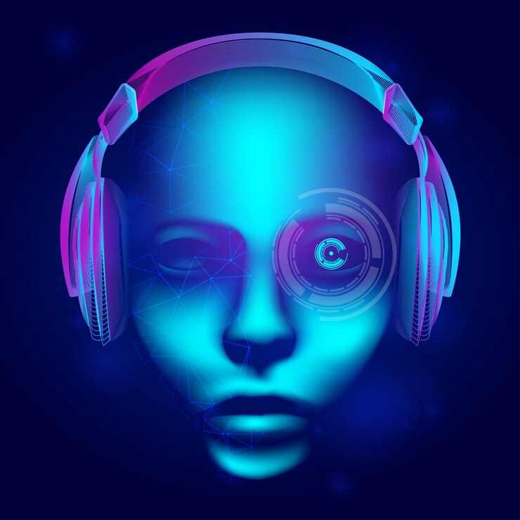 Neon cyber dj o cabeza de robot con estructura de auriculares electrónicos de contorno. Ilustración de inteligencia artificial con rostro humano abstracto en estilo de arte de línea de tecnología sobre fondo azul oscuro