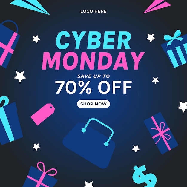 Neon Cyber Monday banner flyer venta de compras diseño de plantillas de redes sociales anuncios diseño vectorial
