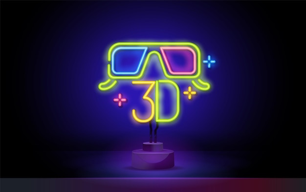 Neon d gafas signo brillante brillante gafas icono concepto d cine diseño noche brillante anuncio s...