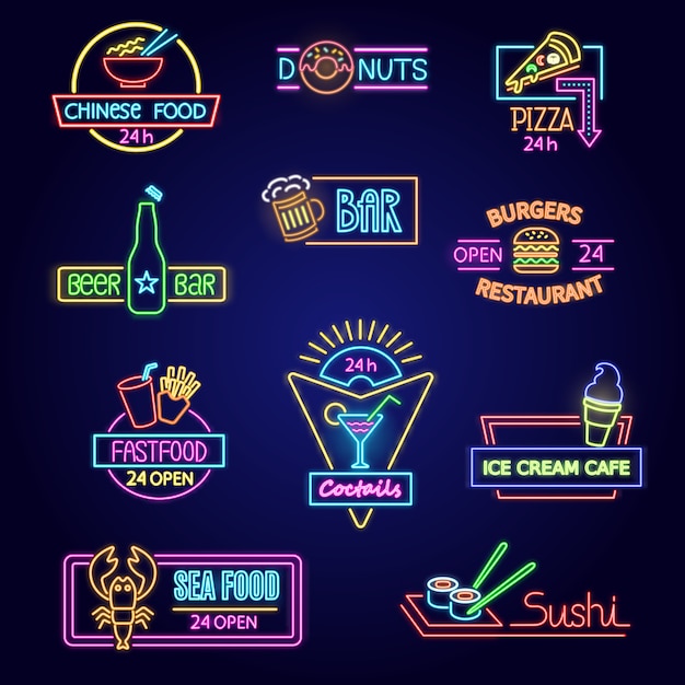 Neon food vector brillante anuncio iluminado de fast food beer bar o restaurante conjunto de ilustración