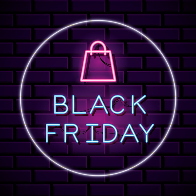 Neón de forma circular de banner de viernes negro con bolsa