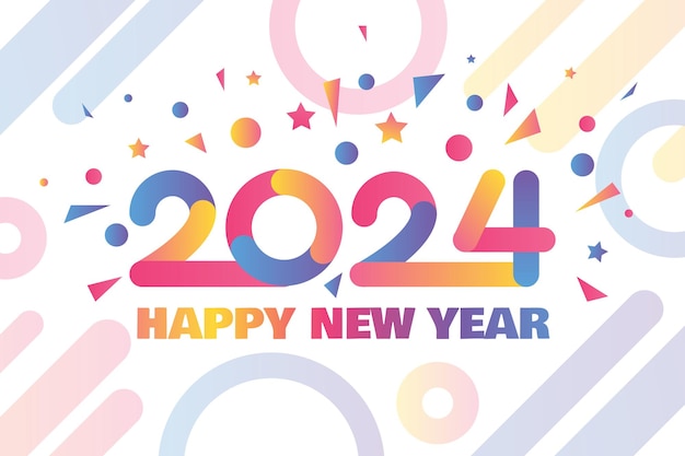 Neón horizontal Feliz Año Nuevo 2024 A4 Cartel navideño en colores de brillo de neón con la inscripción 2024 Plantilla para imprimir cartel de anuncio para invitar a los invitados a la celebración Vector en fondo blanco