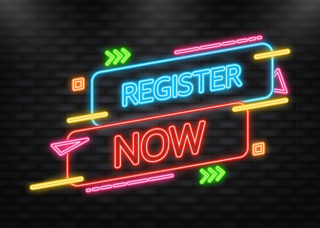 Neon Icon Blue registrarse ahora etiqueta en estilo moderno sobre fondo azul