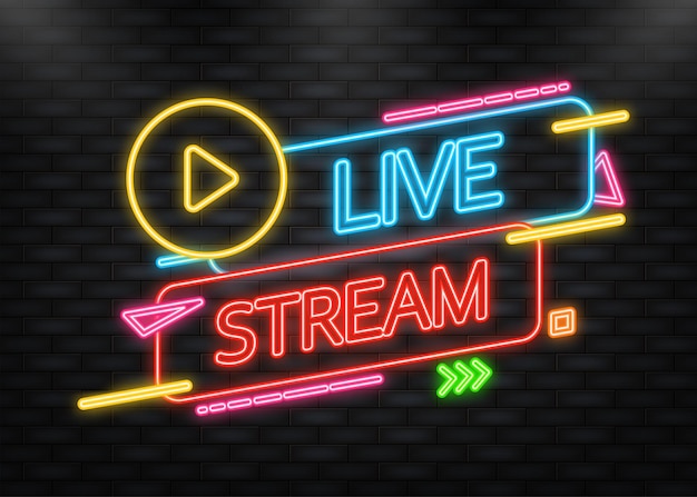 Neon Icon Live stream logo vector rojo elemento de diseño con botón de reproducción para noticias