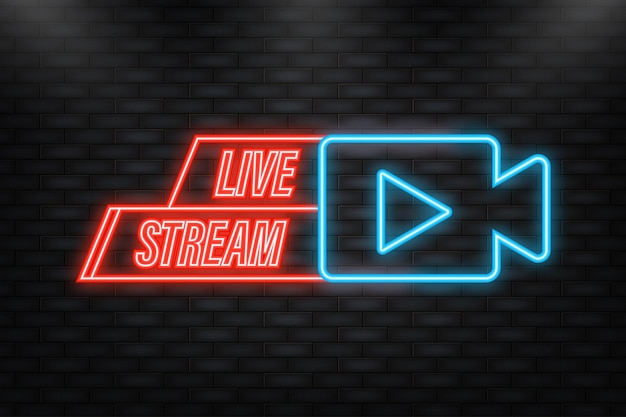 Neon Icon Live streaming logo vector rojo elemento de diseño con botón de reproducción para noticias y TV
