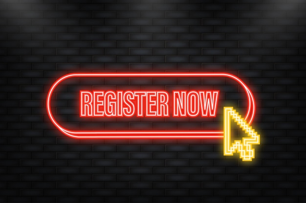 Neon Icon Red registrarse ahora etiqueta en estilo moderno sobre fondo blanco Banner promoción Haga clic en el botón