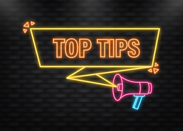 Neon Icon Top tips megáfono banner amarillo en estilo 3D sobre fondo blanco Ilustración vectorial