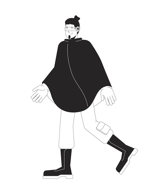 Neon impermeable futurista hombre con gafas del futuro personaje de línea 2D en blanco y negro