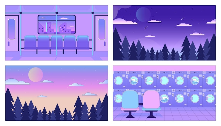 Vector neón púrpura interiores paisajes lo fi chill conjunto de papel tapiz