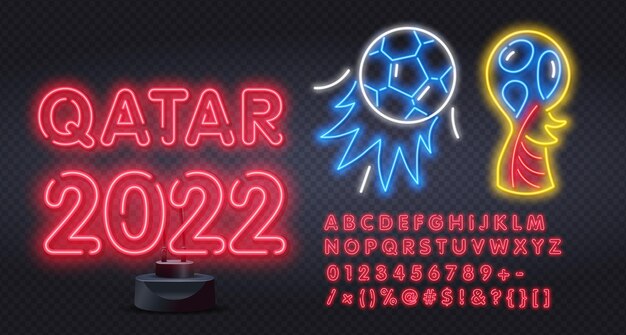 Neon qatar 2022 con alfabeto en estilo neón. torneo de fútbol, copa de fútbol, plantilla de diseño de fondo, ilustración vectorial, 2022