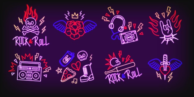Neon rock Retro Rock n Roll logotipo brillante con señales de neón punk para cartel de festival de música o diseño de cartel de neón de club nocturno de pub de rock Vector 80s rock and roll set
