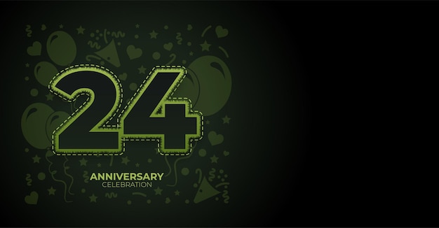 Neón verde en relieve 24 años Feliz aniversario o Feliz cumpleaños Banner vectorial con espacio para copiar