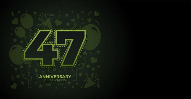 Neón verde en relieve 47 años Feliz aniversario o Feliz cumpleaños Banner vectorial con espacio para copiar