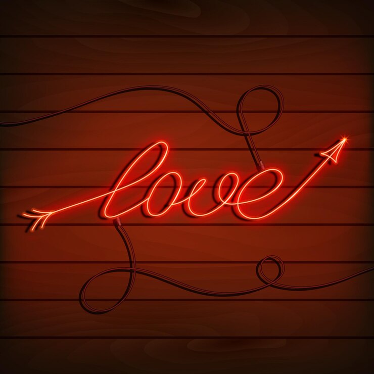 Vector neon word love un letrero rojo brillante en una pared de madera elemento de diseño para un feliz día de san valentín vector...