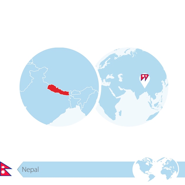 Nepal en globo terráqueo con bandera y mapa regional de Nepal. Ilustración de vector.