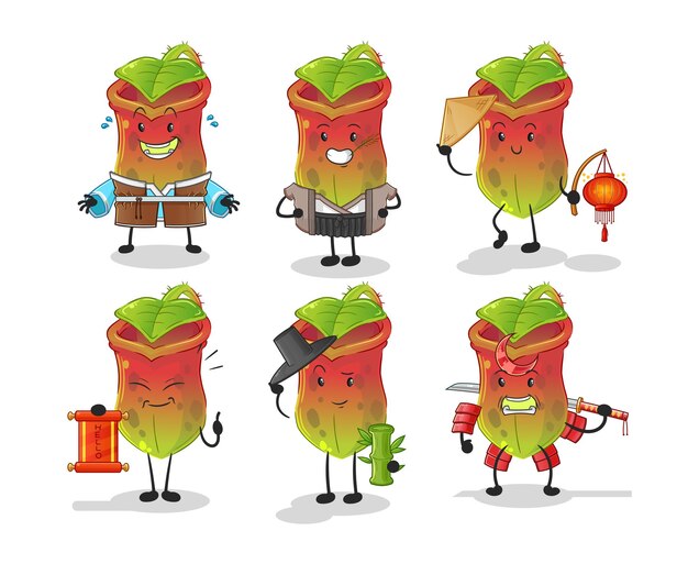 Nepenthes cultura asiática establece vector de mascota de dibujos animados