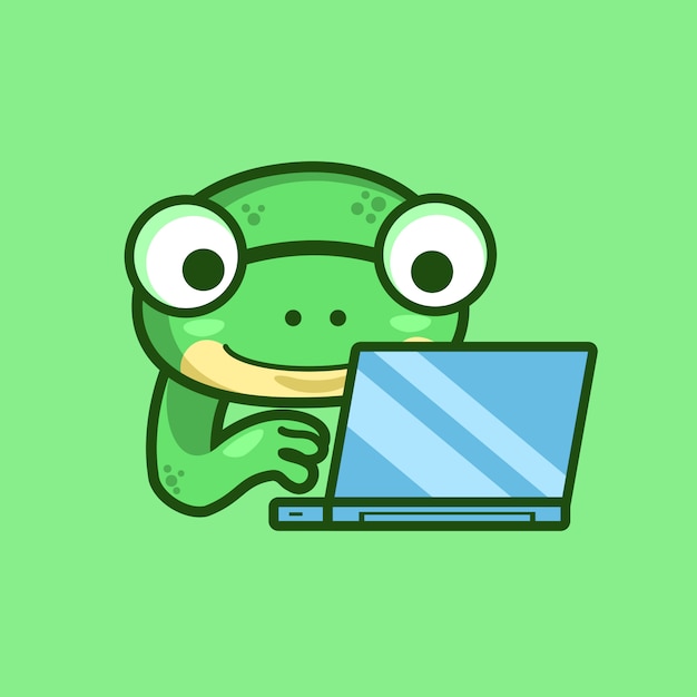 Nerd frog trabaja en la computadora portátil