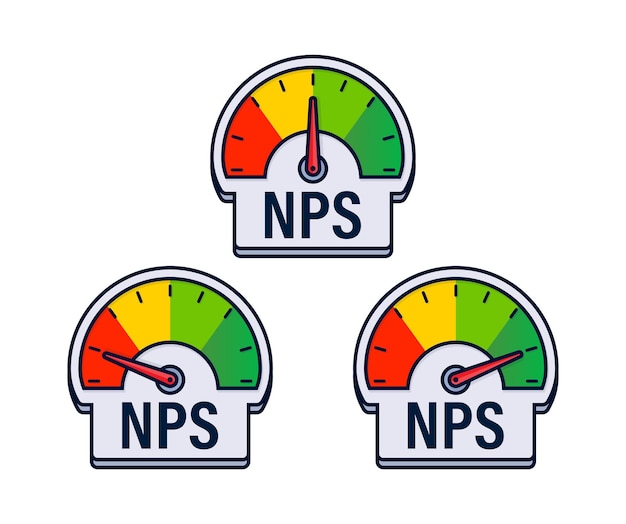 Vector net promoter score nps feedback gauges ilustración vectorial con indicadores de lealtad del cliente