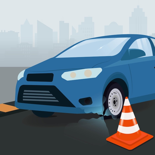 El neumático plano azul del coche con ilustración de diseño gráfico del cono de tráfico