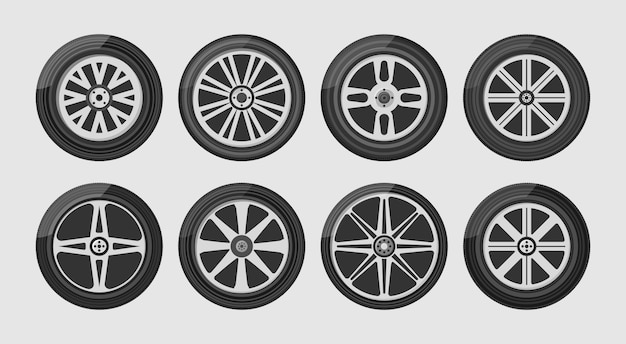 Un neumático de rueda para el automóvil, la motocicleta, el camión y el suv. conjunto de icono de ruedas de coche. ronda y transporte, equipamiento de automóviles, ilustración en diseño plano