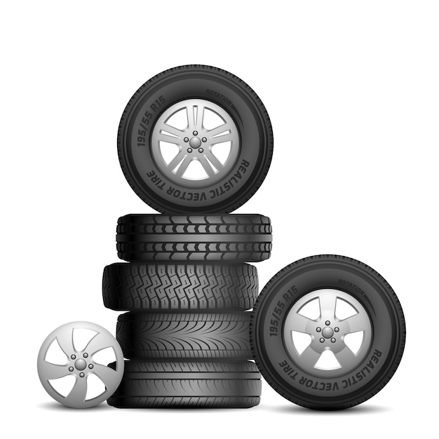 Neumáticos de goma. Ruedas de coche realistas aisladas. Servicio Aito, reparación de neumáticos