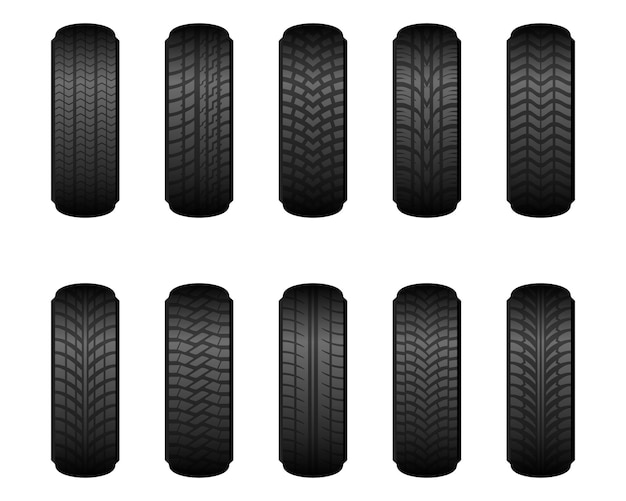 Neumáticos de rueda de automóvil de diferentes tipos de marcas de rodadura aislados sobre fondo blanco Neumáticos de goma para la vista frontal de la temporada de verano e invierno Concepto de vulcanización y montaje de neumáticos Ilustración vectorial