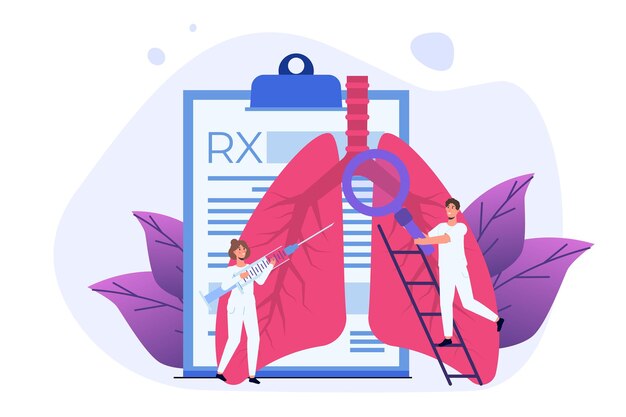 Neumología o ilustración pulmonar. Pequeños médicos controlan los pulmones humanos.