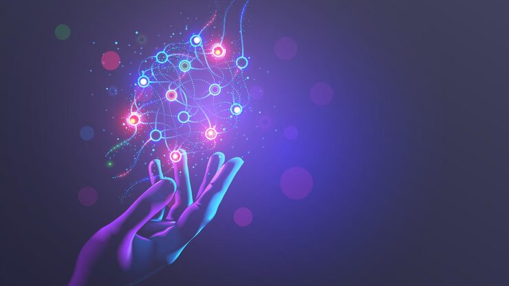 Vector neural network scheme above scientist hand artificial neural networks ann abstract simple graphics scheme of neural machine mind with ai artificial intelligence cybernetic net education ai