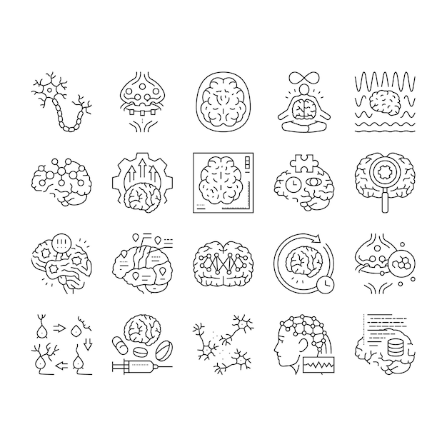 neurociencia cerebro neurología iconos conjunto vector