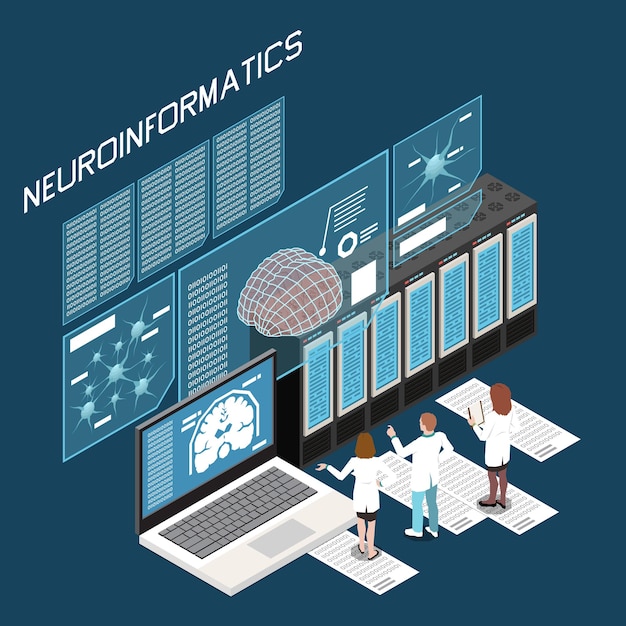 Neurociencia neuroinformática composición isométrica con científicos que analizan datos ilustración vectorial 3d