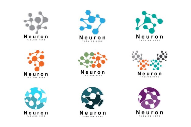 Neuron Logo Design Vector ilustración de células nerviosas Marca de salud de ADN molecular