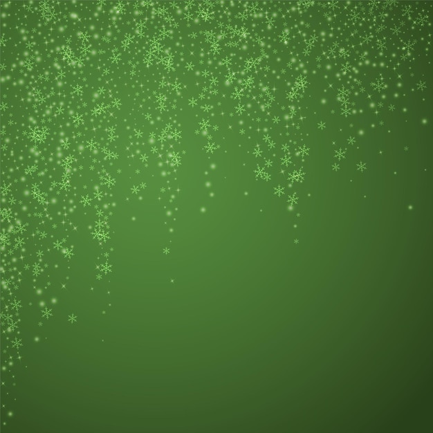 La nevada se superpone al fondo navideño, los escamas de nieve y las estrellas volando sutilmente en el verde navideño.
