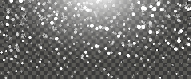 Nevadas y copos de nieve cayendo sobre fondo transparente. Copos de nieve blancos y nieve navideña. Ilustración vectorial